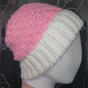 Pink and White Crochet Beanie